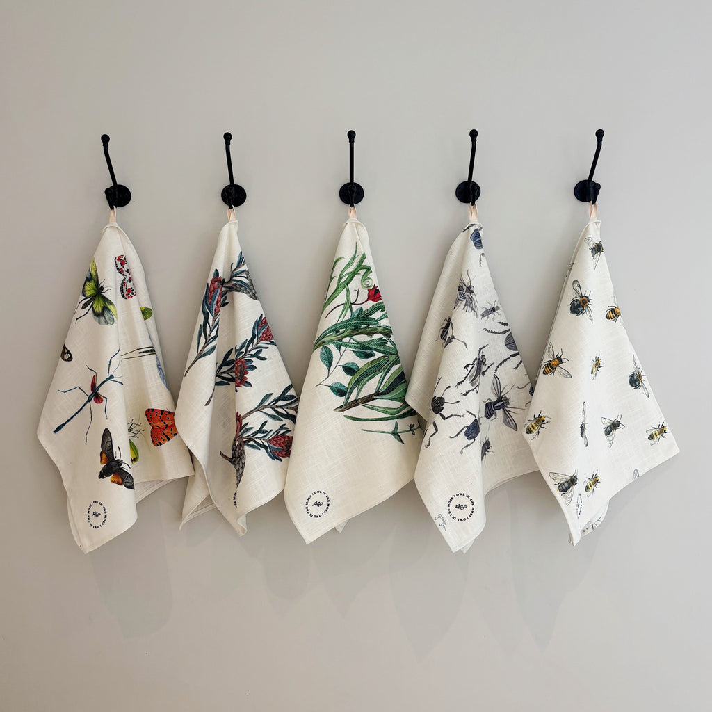 Ink bugs linen tea towel