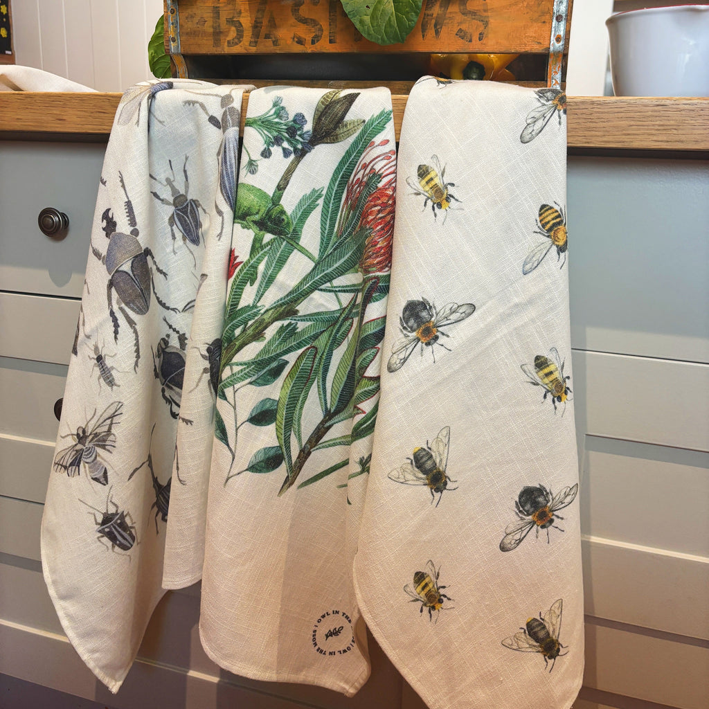Ink bugs linen tea towel