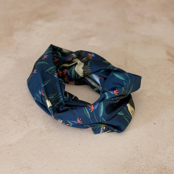 Multi-scarf or buff in dark blue crane design, hiking, outdoors, neck scarf 