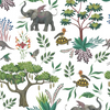 Pattern of jungle animals and plants on a white background
