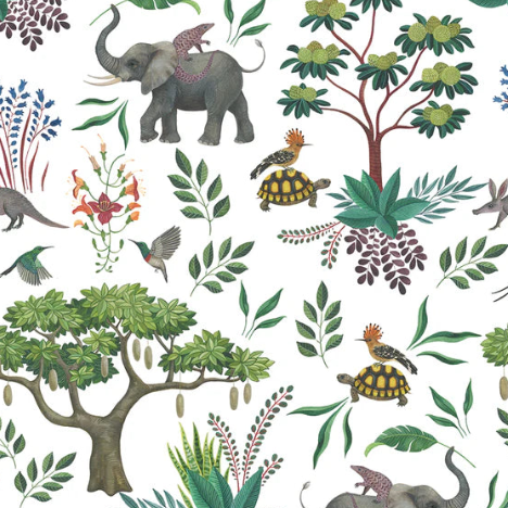 Pattern of jungle animals and plants on a white background