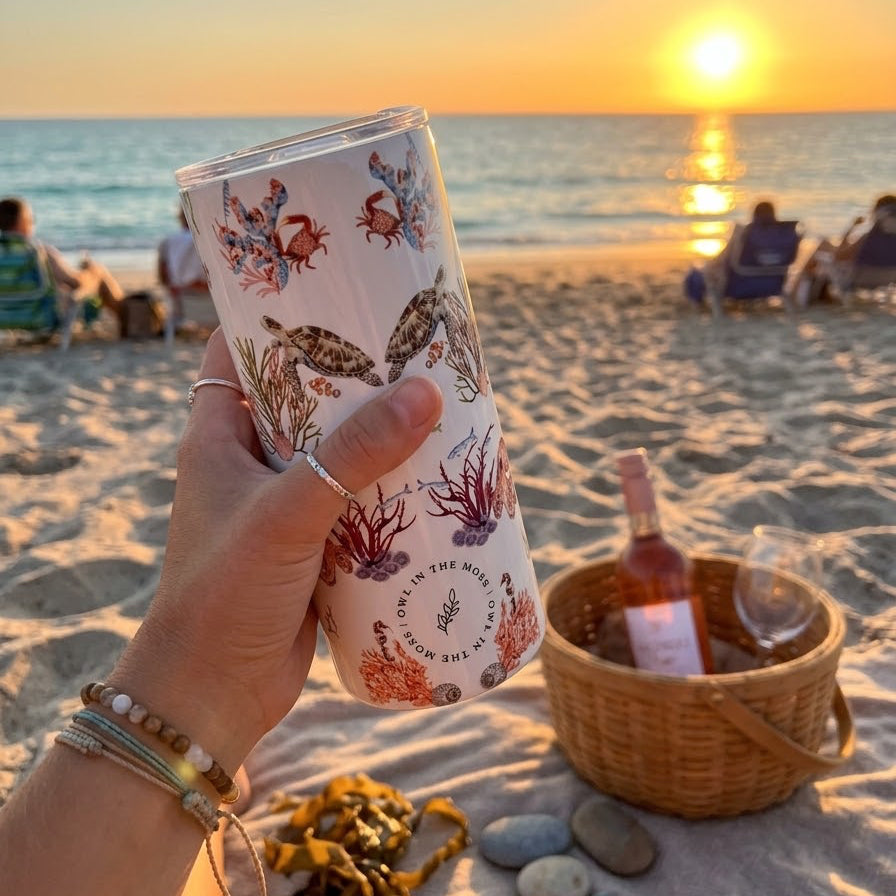 Travel mug thermos hot and cold drinks coastal pinks beach 