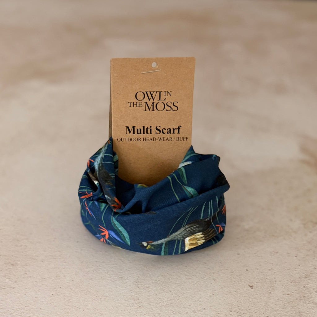 Multi-scarf or buff in dark blue crane design, hiking, outdoors, neck scarf 