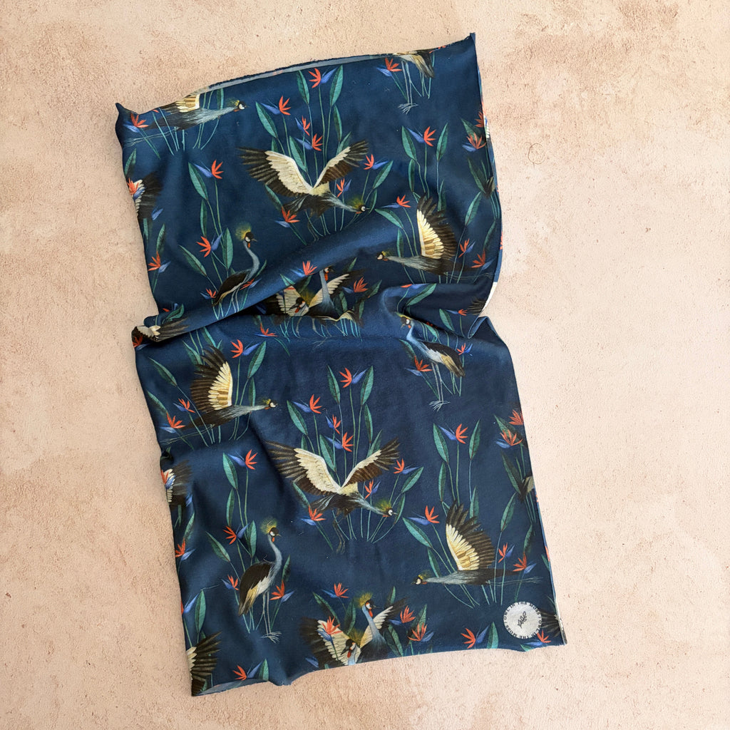 Multi-scarf or buff in dark blue crane design, hiking, outdoors, neck scarf 