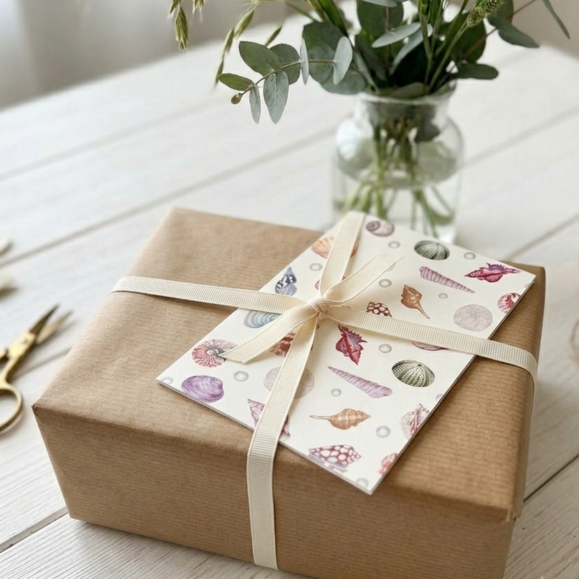 Five small gift cards with colorful undersea-themed illustrations, including crabs, seahorses, and sea plants, arranged on a textured beige surface. Printed on textured ivory paper. 