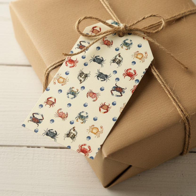 gift tag with coastal crab design o luxury ivory paper and twine