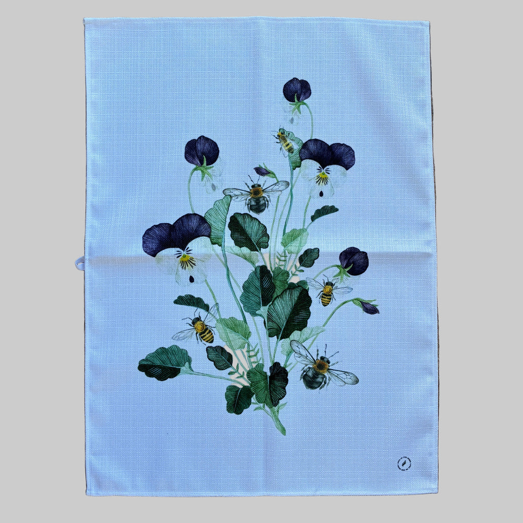 pansy tea towel bees