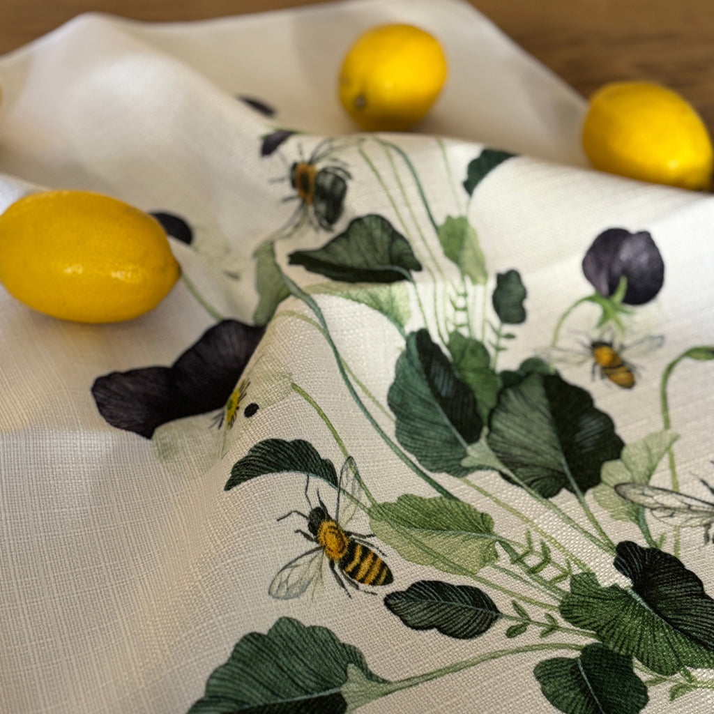 pansy tea towel bees