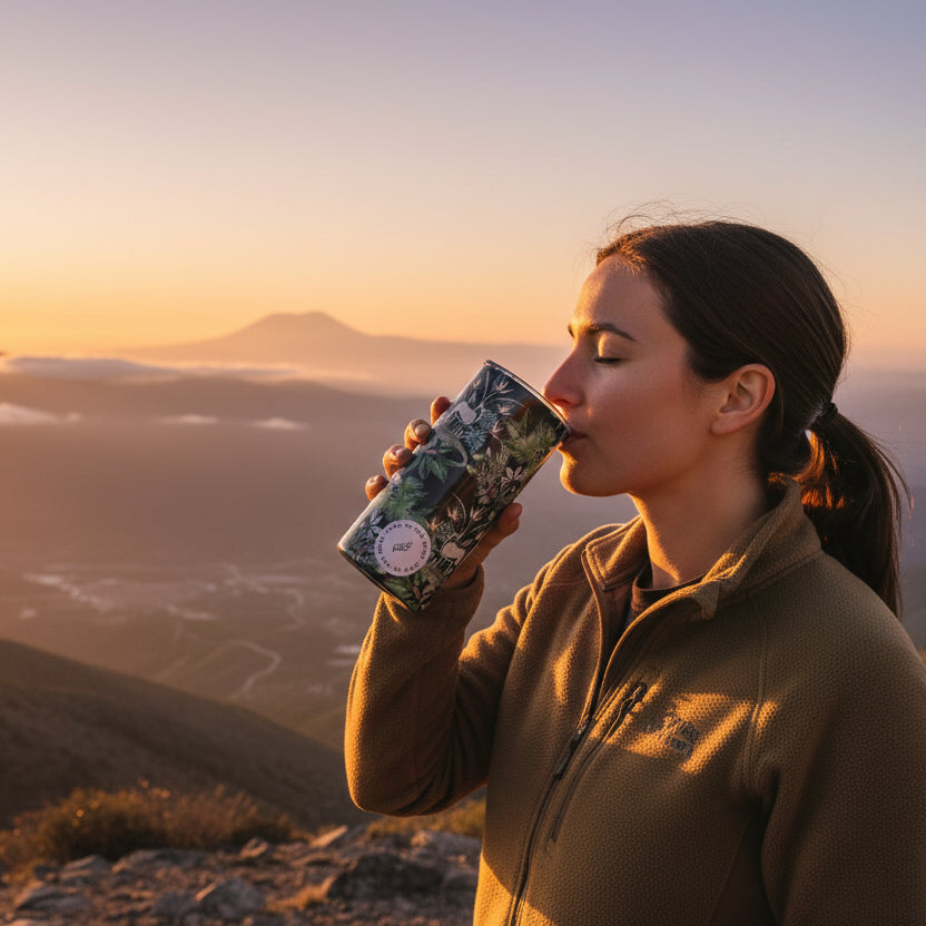 Tumbler with nature-themed design on a white surface