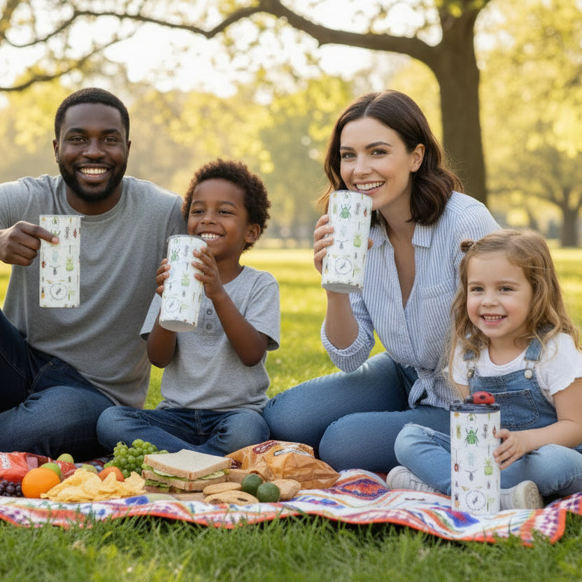 Insulated 440ml Tumbler with insect illustrations on a white background
